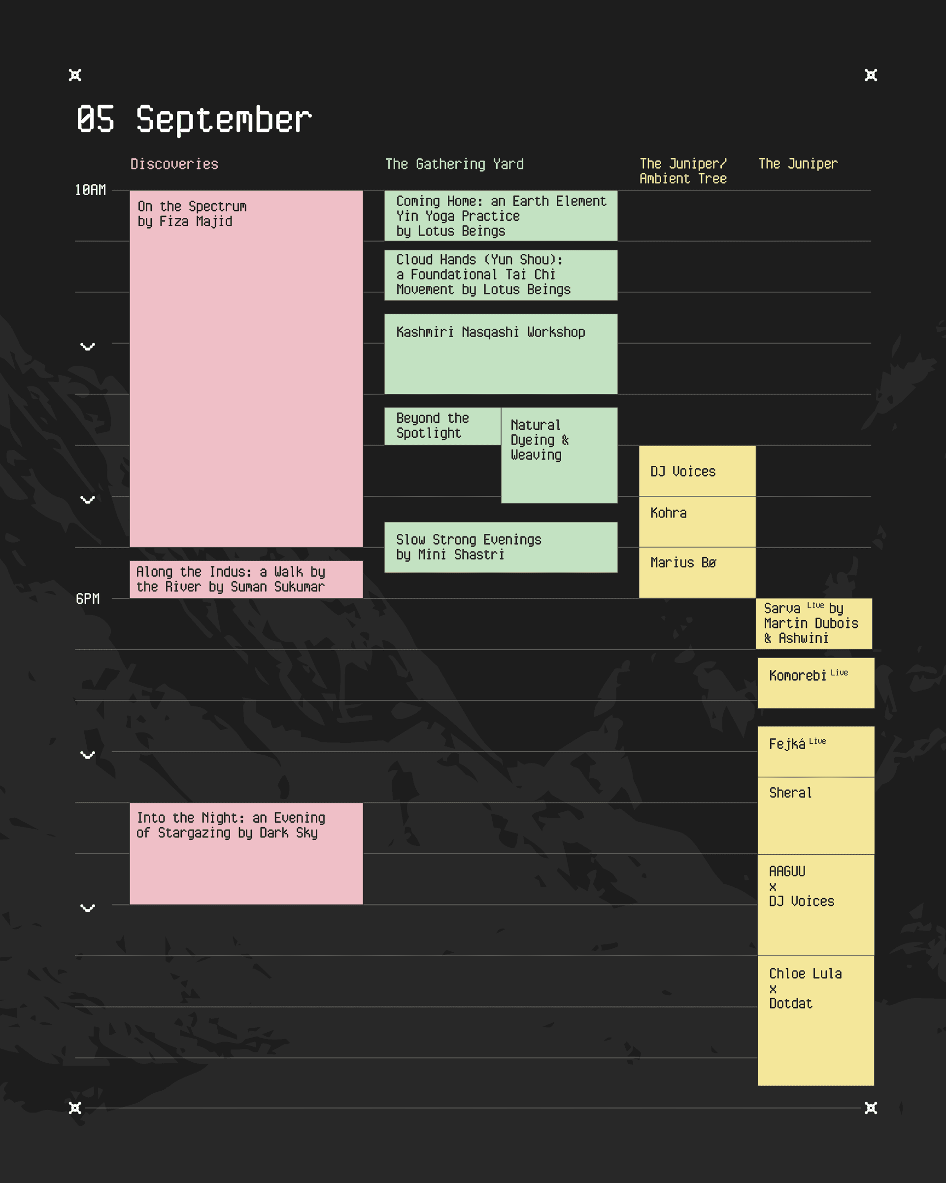 Schedule for 05 September — workshops and wellness sessions through the day, the Ambient Tree in the afternoon, and music at The Juniper into the night.
